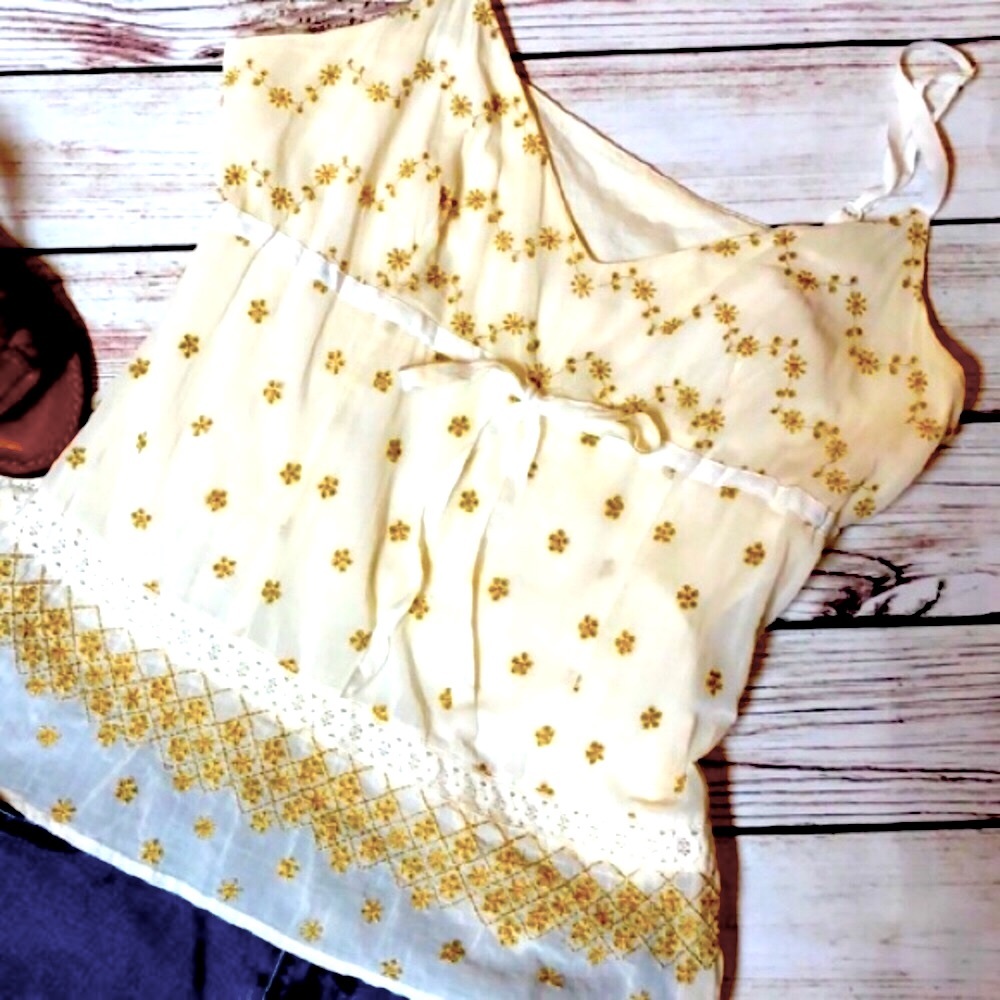 Free People Boho Embroidered Gold & White Top